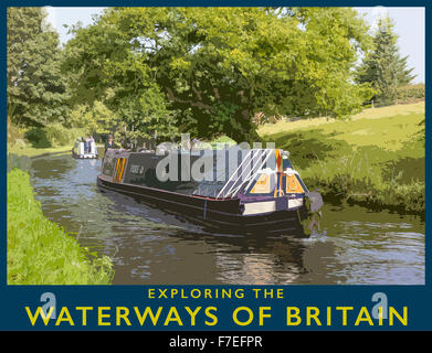 A poster style illustration from a photograph of Narrowboat on the Staffs & Worcester Canal near Kinver, Staffordshire, England, Stock Photo