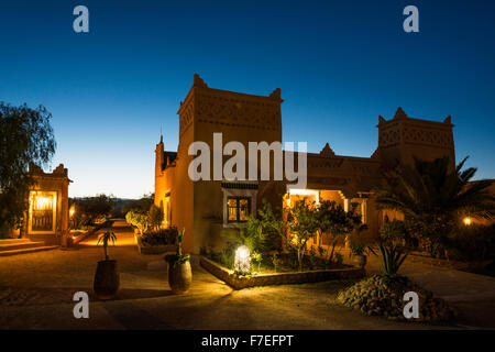 Kasbah style hotel at twilight, blue hour, Boumalne-du-Dades, Dades Valley, Morocco Stock Photo