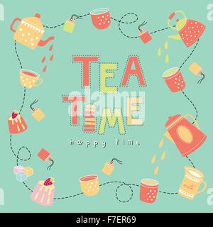 Tea time happy time doodle illustration pastel color vector on pastel green color  background teapot, tea cup, tea bag, cake Stock Vector