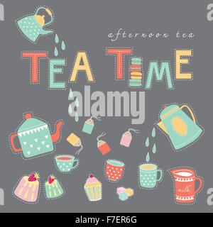 Tea time afternoon tea doodle illustration pastel color vector on dark grey background teapot, tea cup, tea bag, cake Stock Vector