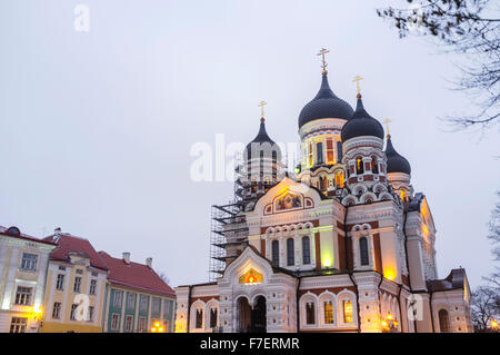 Alexander Nevsky Orthodox Cathedral illuminated by night. Tallinn, Estonia Stock Photo