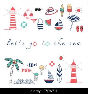 Let’s go the the sea doodle illustration  objects collection Stock Vector