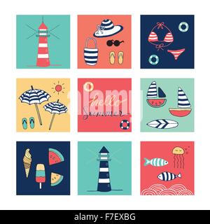 Hello Summer doodle colorful square icons Stock Vector