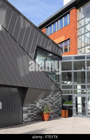 External view of the zinc-clad school auditorium building at Pimlico Academy, a new school in central London, UK Stock Photo