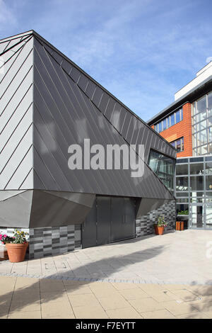 External view of the zinc-clad school auditorium building at Pimlico Academy, a new school in central London, UK Stock Photo