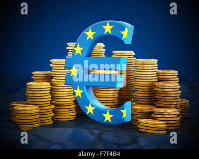 Euro symbol and gold coins stack on blue background. Stock Photo