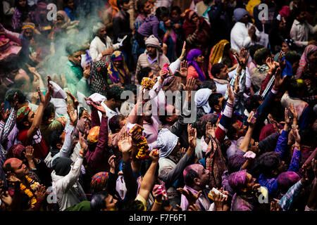 Lathmar Holi Celebrations in Bankei Bihari Temple, Vrindavan, Braj, Uttar Pradesh, India Stock Photo
