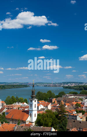 View on the St. Nicholas Church, Danube river and Belgrade from the Gardos hill in Zemun, Serbia Stock Photo