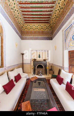 Lounge area of Riad El Zohar, Marrakech, Morocco, October 2015. Stock Photo