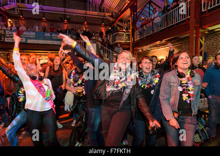 People in the Ruhr Area celebrate the annual 'Extraschicht' - the night of industrial culture, here at the joint singing event Stock Photo