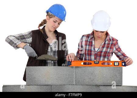 Two female bricklayers Stock Photo