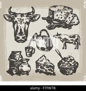 hand drawn sketch set of dairy products and cow. vector illustration Stock Vector