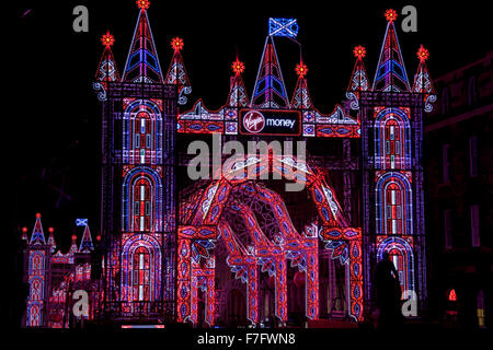 Edinburgh, Scotland, UK. 30th November, 2015. UK Free tickets are now available for the incredible Virgin Money Street of Light on The Royal Mile! From 30 Nov – 24 Dec,  The Royal Mile will be lit up by a stunning canopy of over 60,000 lights synchronised to bespoke recordings by choirs from across Edinburgh.  The Virgin Money Street of Light will stretch from City Chambers to the Tron Kirk.  Not to be missed spectacular architectural installation set to light up Edinburgh's Old Town this Christmas! Stock Photo