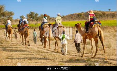 Camel caravan safari ride with tourists in Thar Desert near Jaisalmer, India Stock Photo