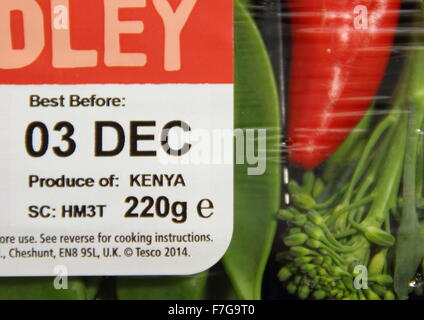 Best before label on packaging of a Stir Fry Medley of Kenyan vegetables from Tesco supermarket, England UK Stock Photo