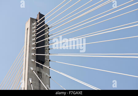 Cable stayed bridge pylon tip detail, concrete high construction in sunny day in Poland, Europe, horizontal orientation, nobody Stock Photo