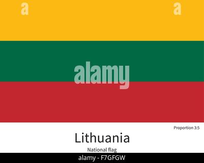 National flag of Lithuania with correct proportions, element, colors Stock Vector