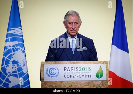 Le Bourget, France. 30th November, 2015. Prince Charles address the plenary session of the COP21, United Nations Climate Change Conference on behalf of the United Kingdom November 30, 2015 outside Paris in Le Bourget, France. Stock Photo