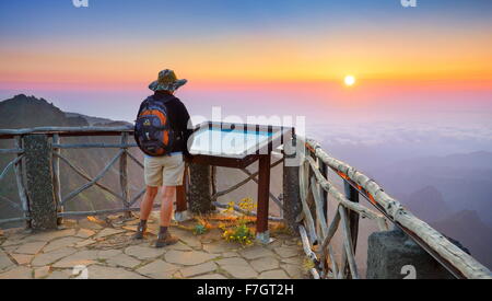Madeira - sunrise landscape on the mountains way to Pico Ruivo Peak, Madeira Island, Portugal Stock Photo
