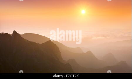 View of the Valley Faja da Nogueira at sunrise, Madeira Island, Portugal Stock Photo