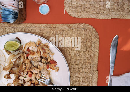 Plate of  chicken tacos at restaurant Stock Photo
