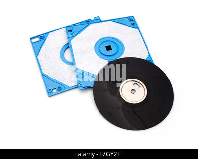 Obsolete technology - floppy disc dismantled.  Blue plastic. Stock Photo