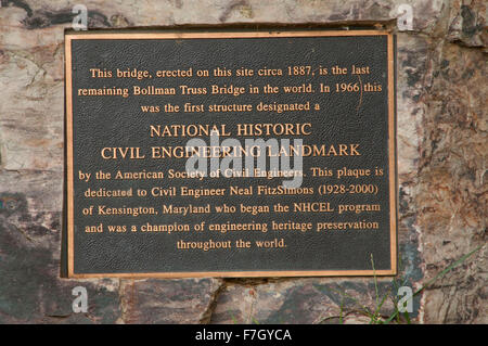 Bollman Iron Truss Bridge (1869) sign, Savage Park, Maryland Stock Photo