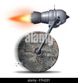 Technology upgrade business concept as an ancient stone wheel with a rocket engine or jet motor attached for increased speed and performance as a success metaphor for innovating on old ideas. Stock Photo