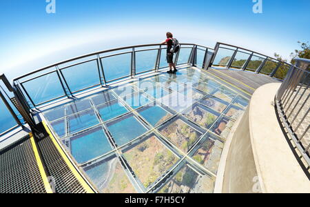 Panoramic terrace with glass floor at the top of Cabo Girao (580 m highest) cliff - Camara de Lobos, Madeira Island, Portugal Stock Photo
