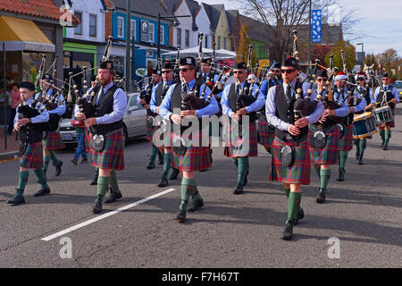 Marching Bagpipers in Richmond, Virginia's Carytown district. Stock Photo