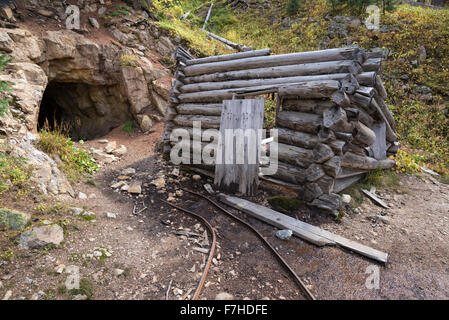 Abandoned mine shaft and cabin, Weminuche Wilderness, Colorado. Stock Photo