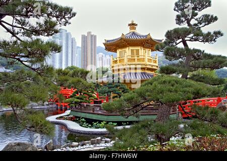 Golden Building Nan Lian Garden Hong Kong Tang Style Rules  The garden is built in the Tang Dynasty style (618 AD to 907 AD) Stock Photo