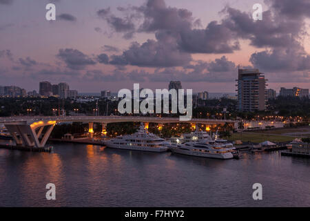 Motor cruises moored at sunrise in Port Everglades, Fort Lauderdale Florida Stock Photo