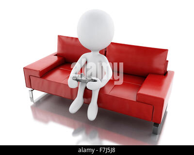 3d renderer image. White people playing video games on sofa. Technology concept  Isolated white background Stock Photo