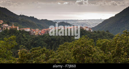 Altagnana village looking down to La Spezia and the Ligurian Sea, Italy Stock Photo