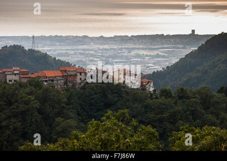 Altagnana village looking down to La Spezia and the Ligurian Sea, Italy Stock Photo