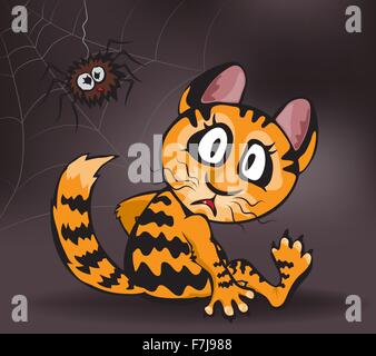 Ginger cat and spider on a dark brown background, vector illustration Stock Vector