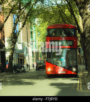 The number 38  modern Routemaster  Bus (Boris Bus) approaches Holborn, Central London  UK. Stock Photo