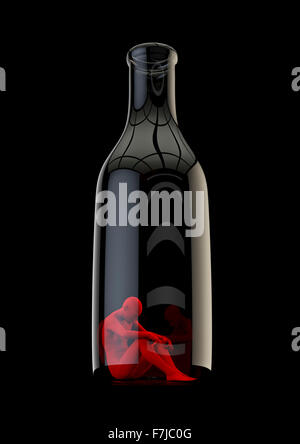 Life in the bottle / Alcoholism concept with sad male figure sitting at the bottom of a bottle Stock Photo