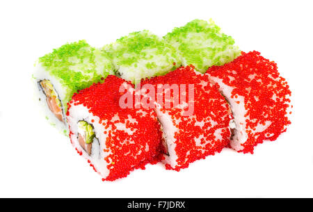 Tobiko Spicy Maki Sushi - Hot Roll with various type of Tobiko (flying fish roe) outside and salmon inside Stock Photo