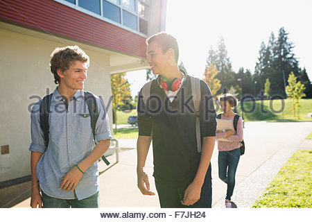 High school students walking on sunny campus