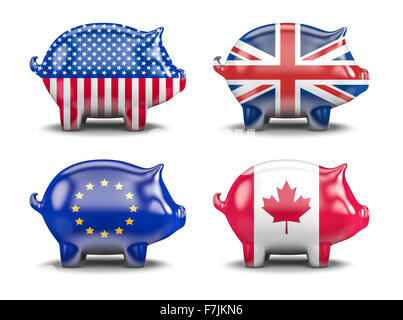 International piggy banks / 3D render of piggy bank with Canadian, EU, UK, USA flags Stock Photo