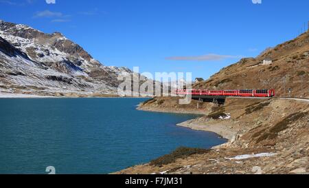 Train crossing the Bernina mountain pass Stock Photo