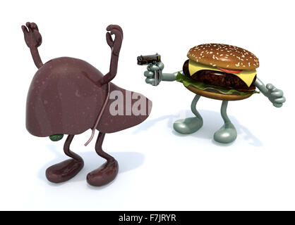 hamburger with arms wielding gun to the human liver, 3d illustration Stock Photo