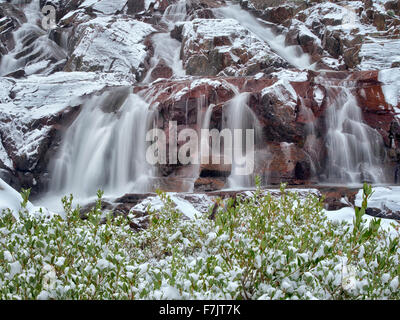 Glen Alpine Falls minutes after fresh snwfall. Lake Tahoe, California Stock Photo