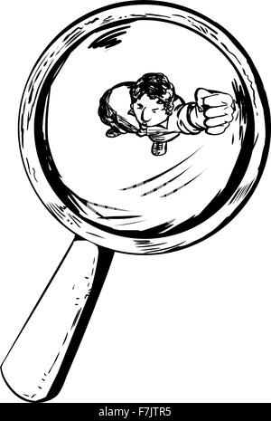 Outline of angry man under a magnifying glass shaking his fist Stock Photo