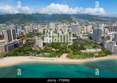 Aerial, Fort Derussey, Waikiki, Honolulu, Oahu, Hawaii Stock Photo