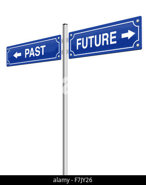 PAST and FUTURE, written on two signposts. Illustration over white background. Stock Photo