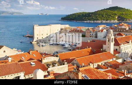 Dubrovnik Old Town, aerial view from City Walls to Harbour, Croatia Stock Photo