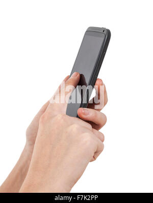 Hands touching the display of a smartphone, isolated against a white background. Stock Photo